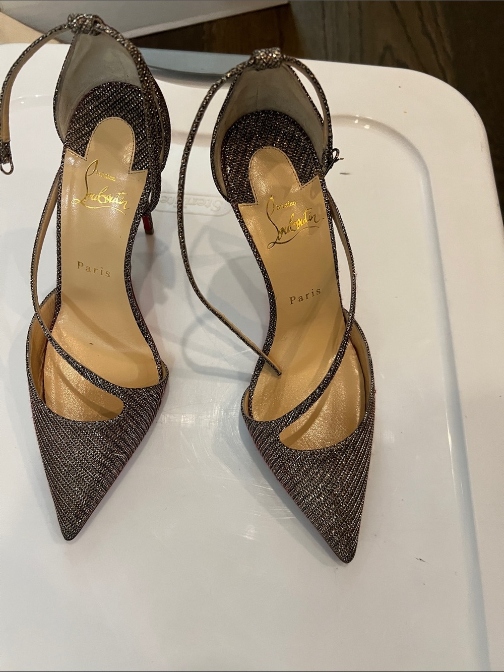 Christian Louboutin Bronze Glitter Pointed-Toe Ankle-Strap Pumps